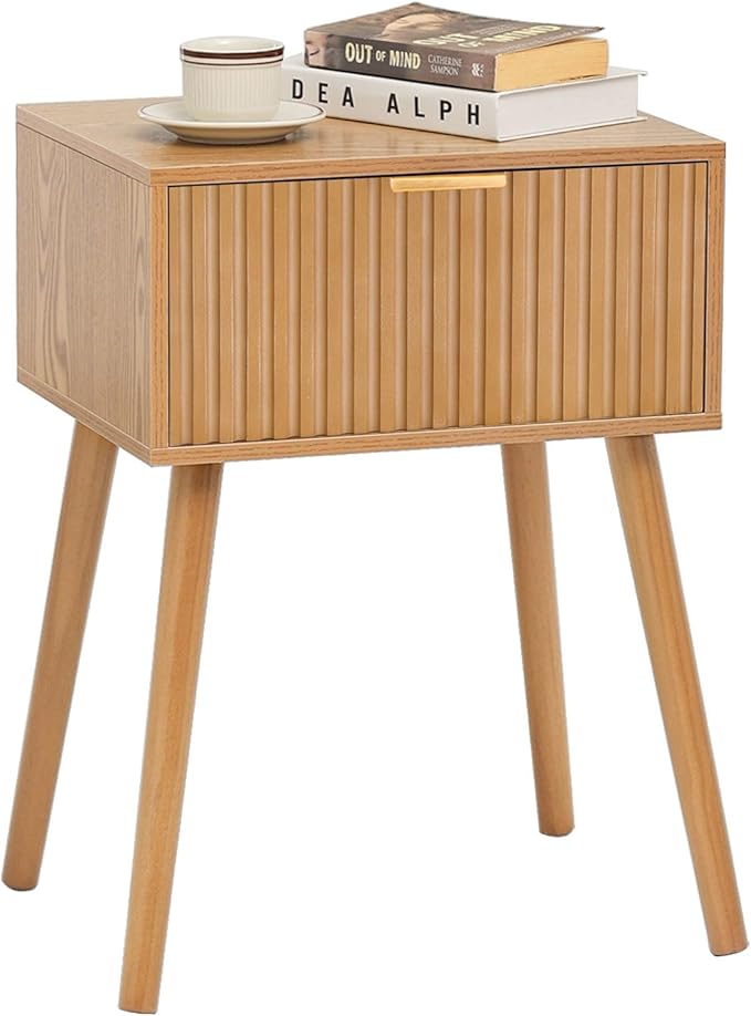 AWASEN Fluted Nightstand, Small Bedside Table with Storage Drawer, Accent End Table Living Room for Bedroom and Small Space, Brown