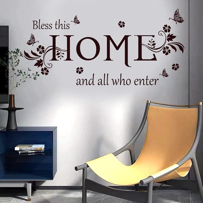 Wall Decals Wall Decor Sticker Quote Bless This Home and All who Enter Removable Mural Wall Stickers for Living Room Dining Room Bedroom Entryway Family Home Decoration (Brown)