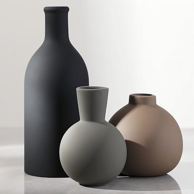 Ceramic Vase Set of 3 | Neutral Vases Home Decor | Modern Flower Pottery Vases Rustic Farmhouse Vase for Table Entryway Mantel Centerpiece Bookshelf Living Room Bathroom Bedroom -Multicolor Large