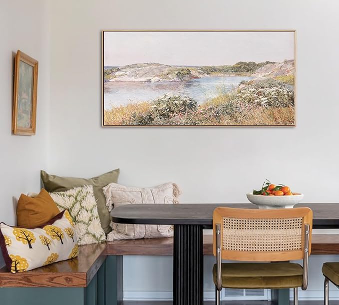 DJSYLIFE Large Framed Wall Art - Vintage Countryside Landscape Wildflowers River Scene Canvas Prints, Classical Paintings for Living room Bedroom Decor, Farmhouse Country Artwork 20"x40"