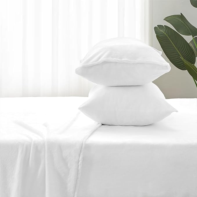 BEDELITE Flannel Sheets Full Size Bright White - Super Soft Fleece Sheets Set Fluffy Extra Plush, 4 Piece(Include Fitted Sheet, Flat Sheet, 2 Pillowcases)