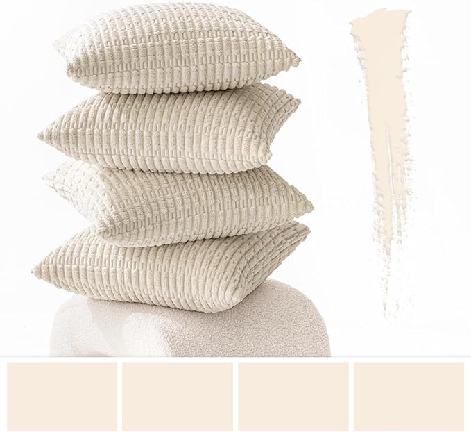MIULEE Pack of 4 Cream White Corduroy Christmas Decorative Throw Pillow Covers 18x18 Inch Soft Boho Striped Pillow Covers Modern Farmhouse Home Decor for Sofa Living Room Couch Bed