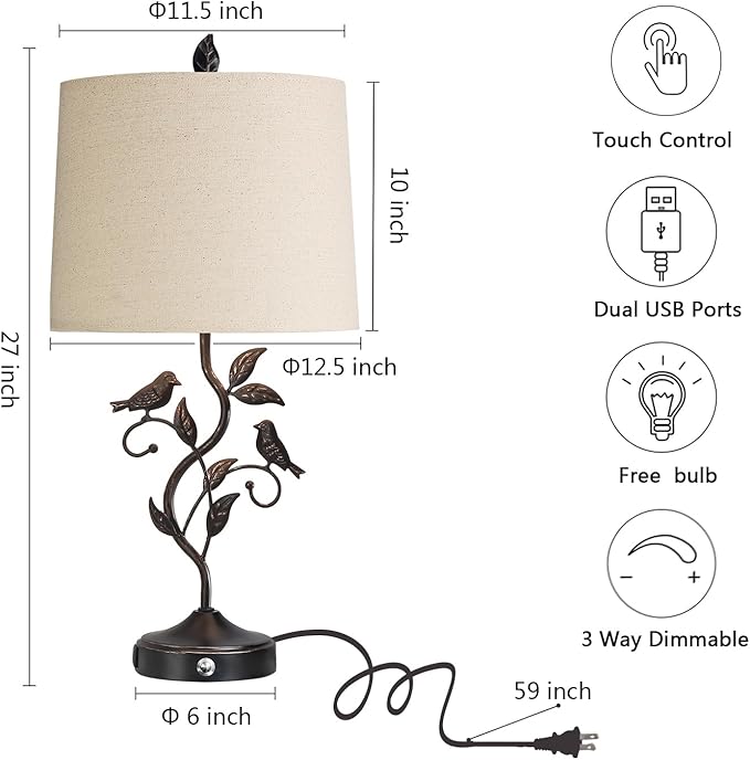 RORIANO 27" Touch Farmhouse Table Lamps for Living Room with 3-Way Dimmable 2 USB Ports, Vintage Rustic Iron Leaf Nightstand Lamp for Bedroom, LED Bulb Included