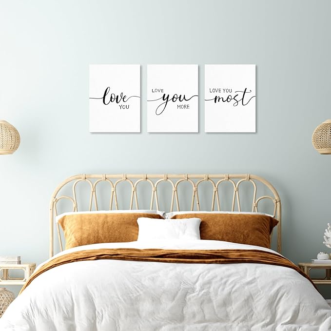 Love You More Wall Art: 3 Piece Romantic Minimalist Art Bedroom Decor Above Bed 12"x16", Farmhouse Love Quotes Signs for Couples, Modern Master Bedroom Decor