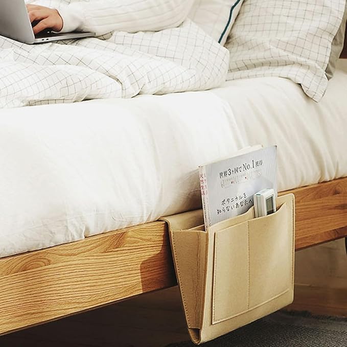 Bringsine 5 Pockets Bedside Caddy, Felt Bed Storage Organizer Hanging Bag Holder for Magazine Book Phone Tablet iPad Cables Remote and Glasses Holder Home Dorm Bed Sofa-Beige