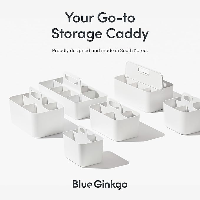 BLUE GINKGO Small Stackable Organizer Caddy – Korean-Made Portable Tote for Bathroom, Office, Crafts, or School Supplies (Square, Gray)