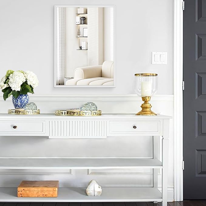 AAZZKANG White Metal Framed Mirror Large 26"x18" Decorative Farmhouse Bedroom Bathroom Mirrors Rectangualr Vertically or Horizontally Hanging
