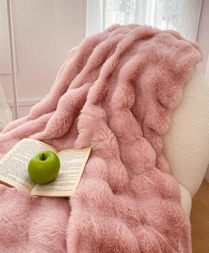 H&D Faux Fur Throw Blanket for Couch,Fluffy Cozy Soft Plush Luxury Thick Fuzzy Fleece Blanket for Couch Bed Sofa Bedroom Living Room,Comfy Bubble Blanket(Rose, Twin (60"x80"))