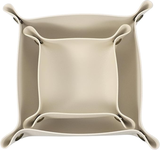 uxcell 2 Pcs Valet Tray for Women and Men, PU Leather Jewelry Tray Entryway Table Bedside Nightstand Catchall Storage Organizer for Jewelry Key Coin Watch Wallet(Square, Beige)