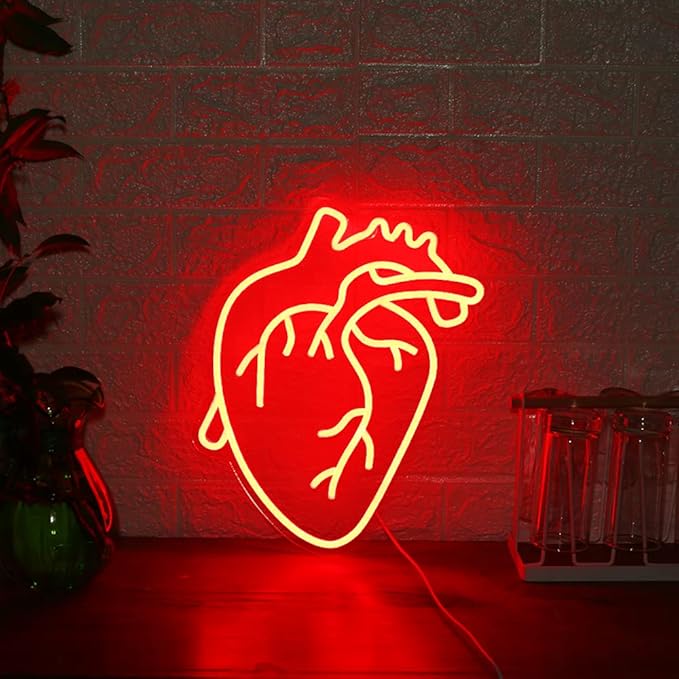 Human Heart Neon Sign USB Powered, Anatomical Heart LED Neon Light for Wall Decor, Dimmable Neon Sign for Bedroom, Party, Bar, Living Room