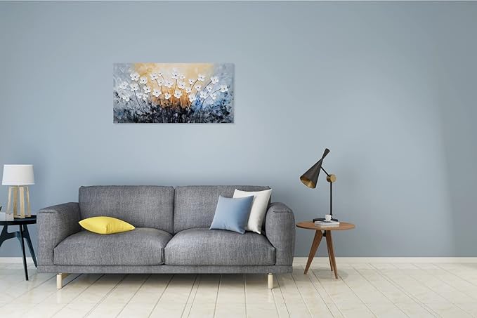 SYGALLERIER White Flower Canvas Wall Art - Hand Painted 3D Oil Paintings - Black Blue Pictures for Living Room Farmhouse Dinning Room Decor