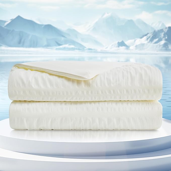 Cozy Bliss Seersucker Cooling Comforter Twin Size, Q-Max>0.45 Reversible Lightweight Cooling Blanket, Breathable Silk Smooth Summer Bedding Quilt for Hot Sleepers Night Sweats Cream White