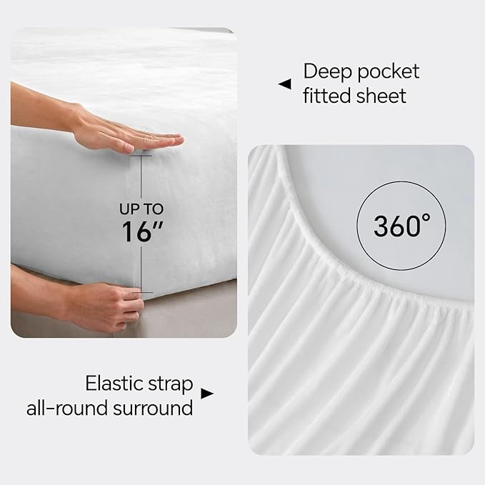 BEDELITE Flannel Sheets King Size Bright White - Super Soft Fleece Sheets Set Fluffy Extra Plush, 4 Piece(Include Fitted Sheet, Flat Sheet, 2 Pillowcases)