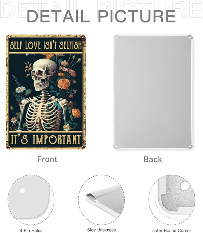 Skull Wall Decor Retro Tin Sign Skeleton Metal Signs Earthy Room Decor Aesthetic Poster Grunge Bedroom Mental Health Decor Self Love Isn't Selfish It's Important Sign