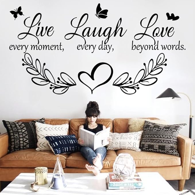 Family Inspirational Quotes Vinyl Wall Decal Quote Live Every Moment Laugh Every Day Love Beyond Words Wall Sticker Motivational Wall Stickers for Bedroom Living Room Window Decor Home Decor