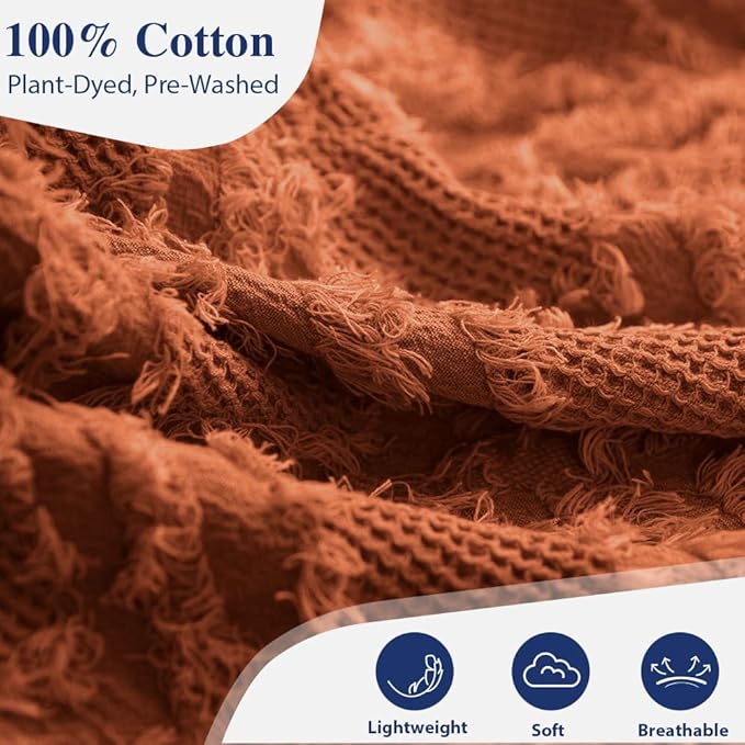 Simple&Opulence Cotton Throw Blanket for Bed, Couch, Boho Textured Geometric Knit Woven Blanket with Tassels Soft, Lightweight Breathable Shabby Chic Farmhouse Decoration for All-Season(Rust Orange)