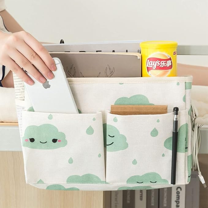 Bedside Caddy Hanging Organizer,Canvas Bag Pockets Basket Multifunction Bedside Organizer for Bunk College Dorm Bed Rails with Magazine Books Phone Cable Tablet Water Bottle,Blue Clouds