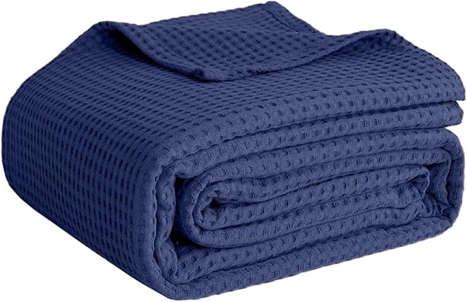 100% Cotton Blankets for Bed - Waffle Weave Blankets for Summer, Lightweight and Breathable Soft Woven Blanket for Spring (Navy, Throw (50" x 60"))