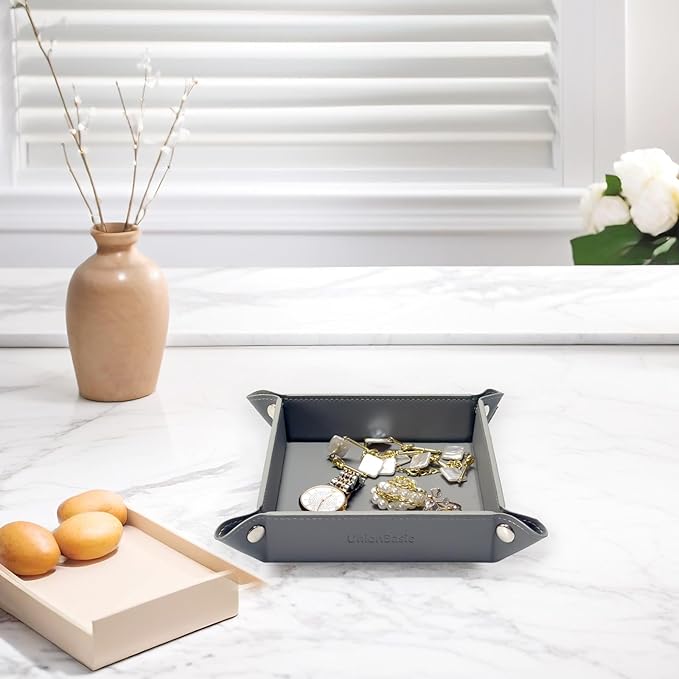 UnionBasic Small Valet Tray, Jewelry Tray for Rings Watches Earrings, Entryway Catchall Caddy for Coins Keys Change, Nightstand Bedside Valet Holder, Trays for Electronic Gadgets, Grey