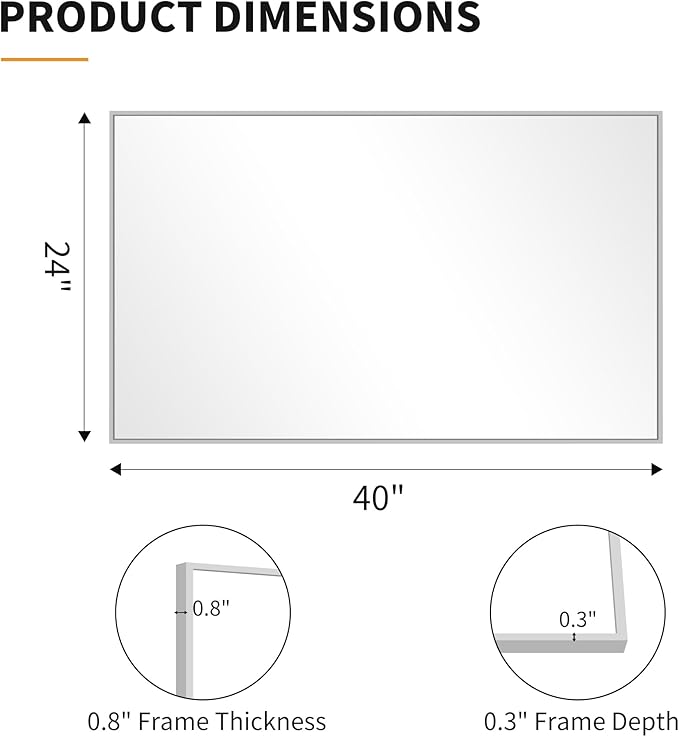 KOCUUY Silver Framed Mirror, 24"x40" Rectangle Bathroom Mirror for Wall, HD Tempered Glass, Anti-Rust Frame, Modern Design for Bathroom, Bedroom, Living Room, Entryway