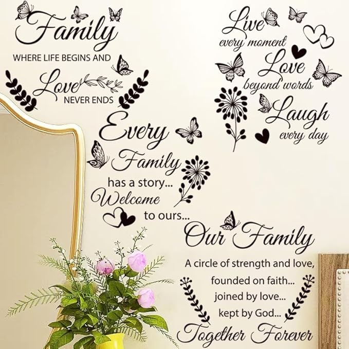 4 Set Family Stickers Vinyl Quote Decals Family Lettering Decals Inspirational Saying Stickers Wall Decor for Living Bedroom Wall Decorations