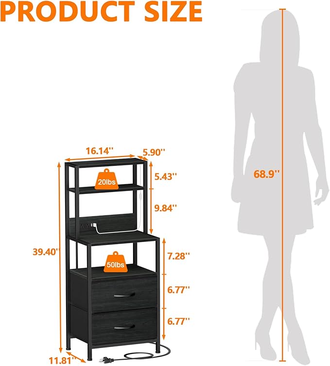 Furnulem Night Stand, Tall Nightstand with 4-Tier Shelves, 2 Fabric Drawers and Light Tube, Bed Side Tables with Charging Station, Bedside Table for Bedroom, Office, Black Oak | 4-Tier Shelves, 2 Fabric Drawers, Light Tube, Bed Side Tables, Charging St...