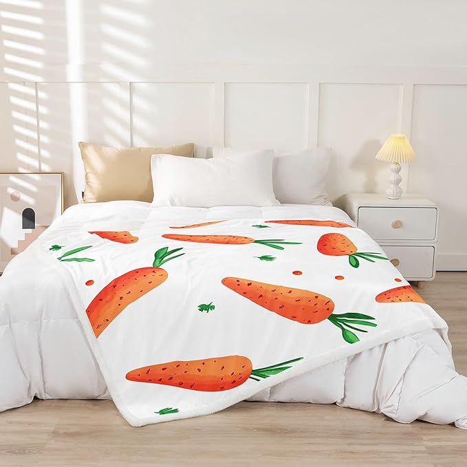 Carrot Sherpa Blanket Twin 60"x80" Vegetables Fleece Bed Blanket Funny Food Theme Plush Blanket Throw for Kids Boys Girls Cartoon Pattern Fuzzy Blanket Child Bedroom Decor Sofa Decor Green Orange