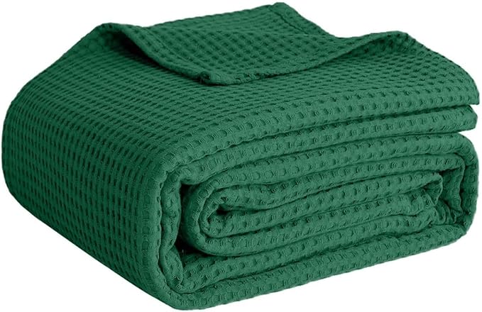 100% Cotton Blankets for Bed - Waffle Weave Blankets for Summer, Lightweight and Breathable Soft Woven Blanket for Spring (Dark Green, Queen (90" x 90"))