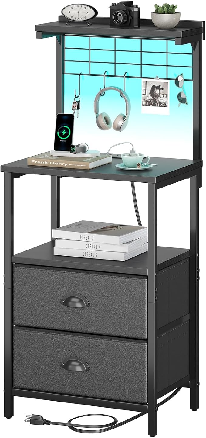 Bedside Tall Nightstands with Charging Station, LED Bedside Table for Bedroom - 3 PU Fabric Drawers, Hooks, USB/Type-C Ports & Open Bedside Storage Shelves, Black