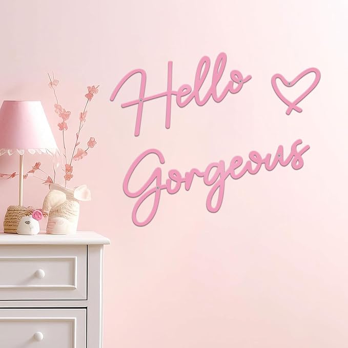 Hello Gorgeous Metal Wall Art Decor Pink Modern Hello Gorgeous Signs Farmhouse Metal Wall Art Hanging Decoration for Home Bathroom Living Room Bedroom Office Hotel Wall Decoration (Pink)