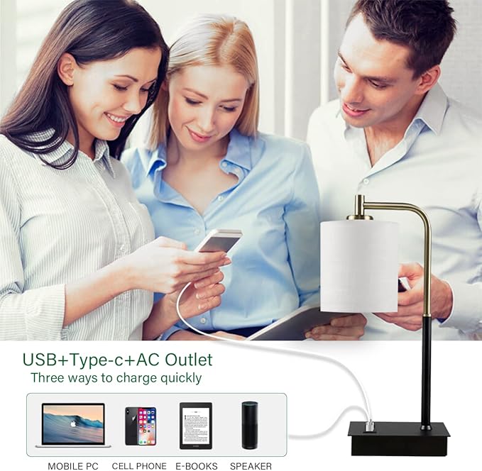 2-Pack Touch Bedside Lamps - 3-Way Dimmable with USB A+C & AC Outlet, 2700K Warm White LED Table Lamps for Bedroom/Living Room/Office, White Linen Shade (Include 2 Bulbs)