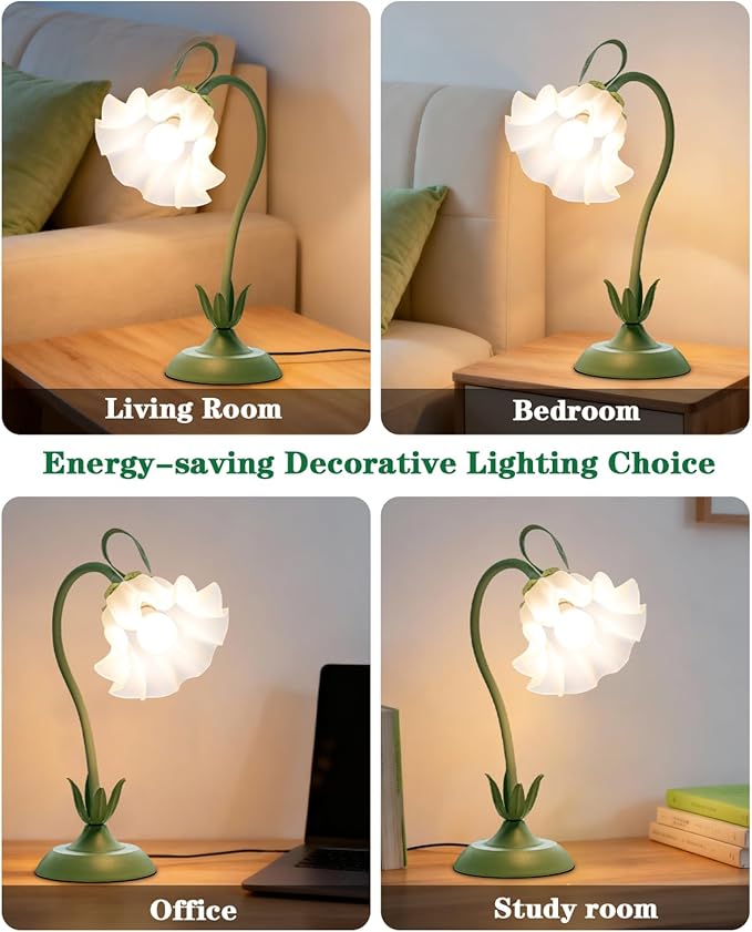 Flower Table Lamp, LED Reading Light Vintage Bedside Table Lamp with 3 Color Modes for Nightstand, Kawaii Decoration for Home Bedroom Living Room (Green)