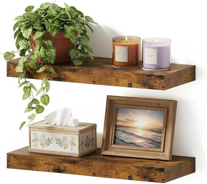 Vivelove Floating Shelves for Wall 16 inchs Long, Display Shelves with Invisible Brackets for Living Room, Bedroom, Kitchen, Bathroom Shelves Over Toilet Farmhouse Home Decor - Set of 2, Rustic Brown