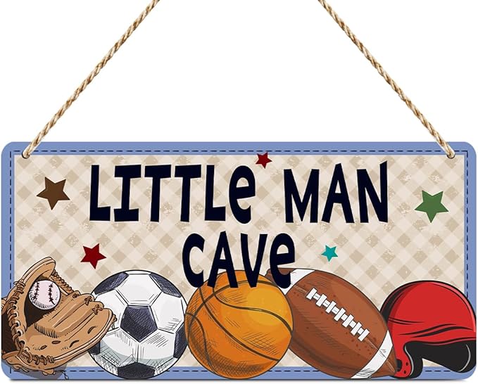 Boys Sports Little Man Cave Sign Boys Room Decor Soccer Basketball Baseball Football Wall Decor Wooden Hanging Plaque Wood Sign Home Bathroom Living Room Farmhouse Playroom Bedroom Nursery Decor
