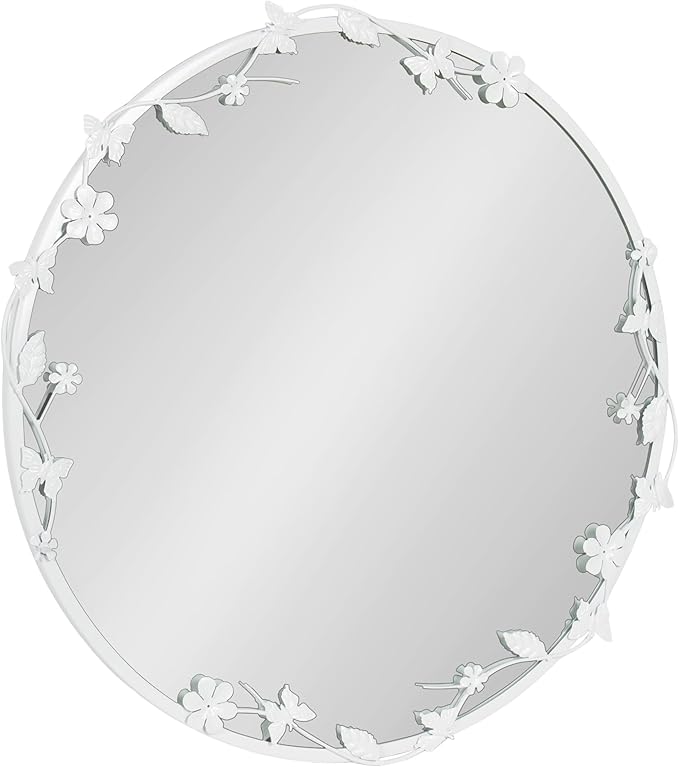 Kate and Laurel Rosella Modern Ornate Round Wall Mirror, 26 Inch Diameter, White, Circle Mirror with Floral Detailing for Use as Bathroom Mirror for Over Sink or Cute Kids Room Decor