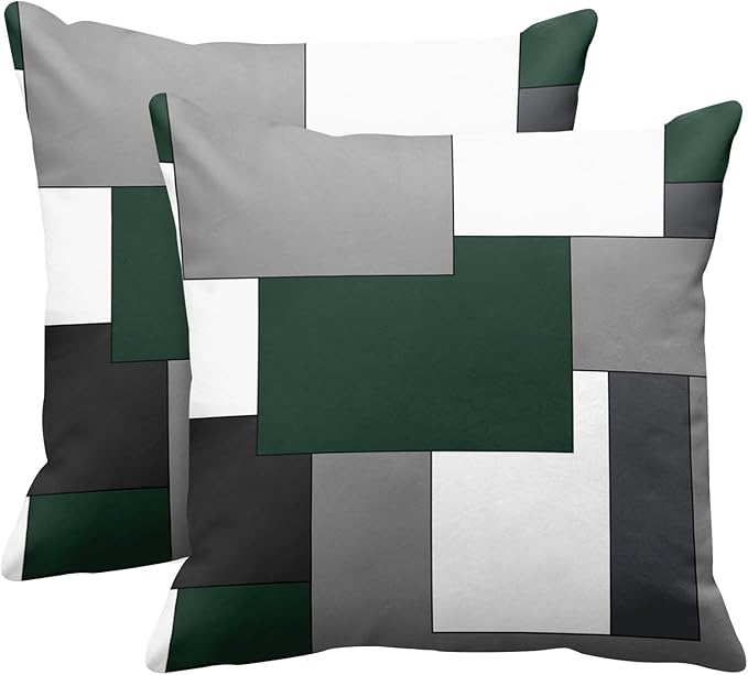 Emvency Set of 2 Dark Green Geometric Throw Pillow Cover Black Grey White Painting Abstract Checkered Design Decorative Pillow Case Modern Home Decor Standard Square 18x18 Inch Cushion Pillowcase