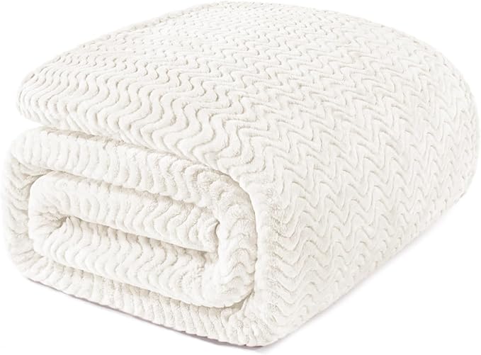 Exclusivo Mezcla King Blanket for Bed, Cozy Lightweight Fleece Blankets for All Season, Decorative Giftable Fuzzy Plush Wave Textured Suitable for Women, Men, Ivory, 90x104 Inches