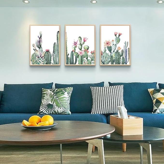 TTHYUEWS Wall Art For Living Room Wood Framed Wall Decor For Bedroom Canvas Framed Prints Art Green Succulent Cactus Wall Paintings Leaves Pictures Artwork Office Wall Art Kitchen Home Decoration
