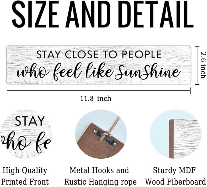 AGMDESIGN Stay Close to People Who Feel Like Sunshine Wood Sign, Rustic Wall Home Decor for Shelf Desk Door, Farmhouse Bedroom Office Front Door Hanging Wooden Plaque, Great Gifts for Friends Families