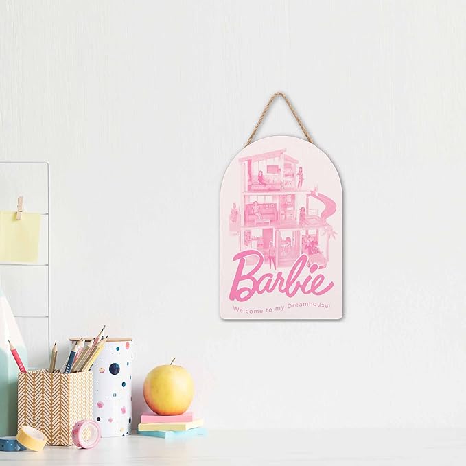 Mattel Barbie Dreamhouse Hanging Wood Wall Decor - Pink Barbie Sign for Kids' Bedroom or Play Room