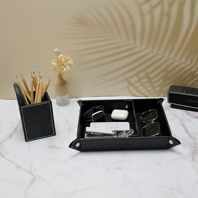 UnionBasic Medium Valet Tray, Jewelry Tray for Rings Watches Earrings, Entryway Catchall Caddy for Coins Keys Change, Nightstand Bedside Valet Holder, Trays for Electronic Gadgets, Black Plus