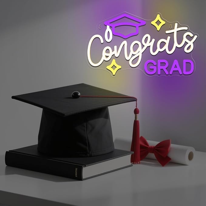 Congrats Grad Neon Sign with Cap - 16.93" x 10.63" Dimmable LED Graduation Light Up Signs Grad Light Sign for Class of 2026 Celebrations, Prom Party, Room Dorm Backdrop, Graduation Gift