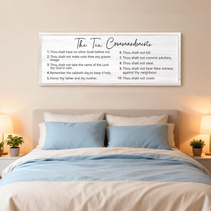 The Ten Commandments Rustic Bible Verse Framed Wall Art, 40''×15'' Positive Religious Christian Saying Sign for God Jesus Christ Prayer, Vintage Horizontal Holy Inspirational Catholic Scripture Decor