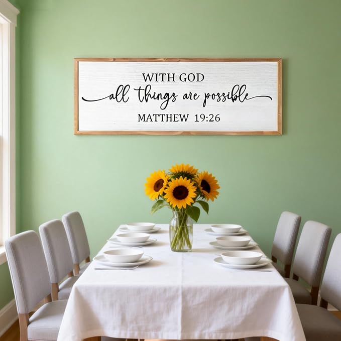 With God All Things are Possible Framed Wall Art, 40''×15'' Positive Religious Rustic Bible Verse for Christian God Jesus Christ Prayer, Vintage Horizontal Holy Inspirational Catholic Scripture Decor