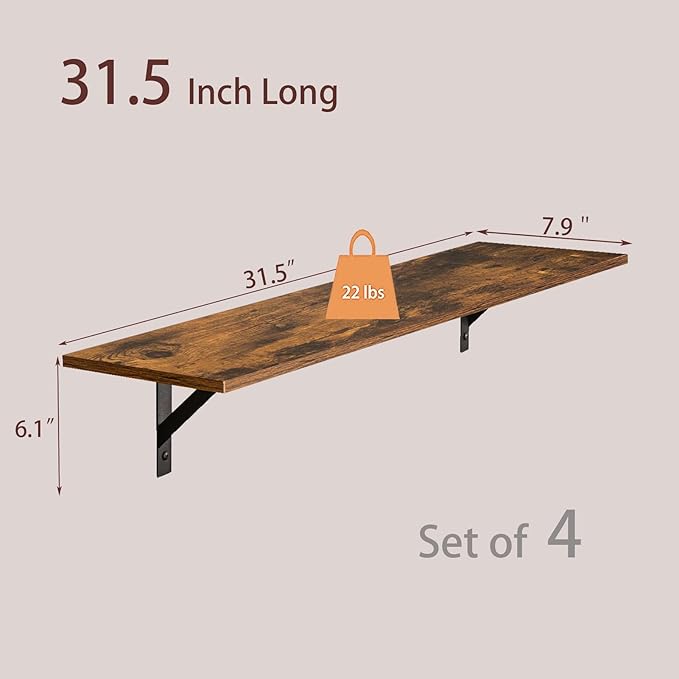 DINZI LVJ Long Wall Shelves, Set of 4, 31.5Inch Wall Mounted Shelves, Extra Large Wall Storage Ledges with Sturdy Metal Brackets for Living Room, Bathroom, Bedroom, Kitchen, Rustic Brown