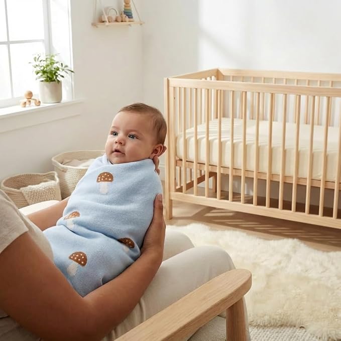 Mushroom Baby Blanket for Boys 100% Cotton Buttery Soft Cozy Receiving Swaddle Crib Stroller Blanket for Shower Gift Registry for Newborns, Infants, Toddlers (Mushroom - Blue)