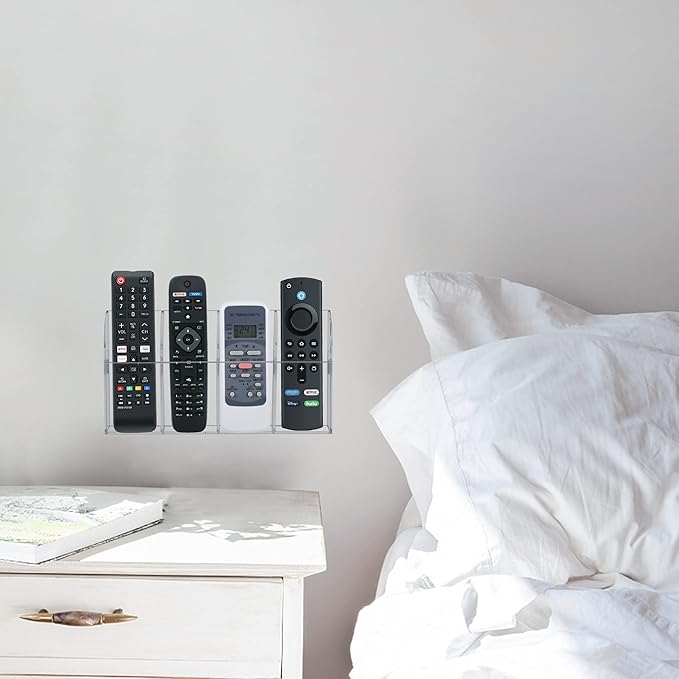 HBlife Acrylic Remote Holder Organizer, Clear TV Remote Control Wall Mount Caddy for Bedside, 4 Compartments