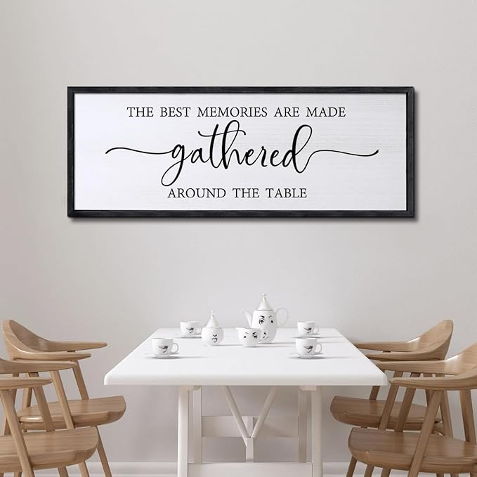 Foutcheou The Best Memories are Made Gathered Around The Table Wall Decor, 32''×12'' Framed Wood Farmhouse Kitchen Sign, Large Horizontal Dining Room Wall Art for Home Family, Black