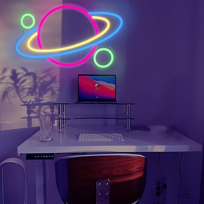 IMEGINA Planet Led Neon Sign, Saturn Neon Lights for Bedroom USB Powered with Switch 16x11'', Aesthetic Cool Stuff Gaming Room Wall Decor, Alien Birthday Gifts for Boys Girls