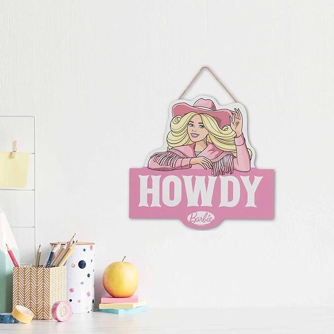 Mattel Barbie Cowgirl Howdy Hanging Wood Wall Decor - Western Barbie Sign for Kids's Bedroom or Play Room
